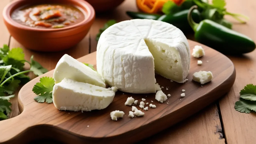 Traditional Mexican Queso Fresco cheese on a wooden board with crumbled pieces, cilantro, and jalapeños.