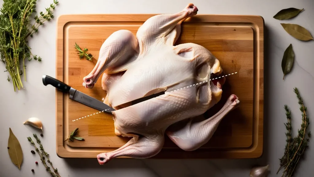 Raw chicken back cuts displayed on a wooden butcher’s board, highlighting the backbone, small meat portions, and connective tissue. A partially butchered whole chicken is positioned to the side, with a sharp chef’s knife near the backbone to indicate the cutting point. Fresh herbs, peppercorns, and garlic cloves add a rustic touch, suggesting broth preparation.