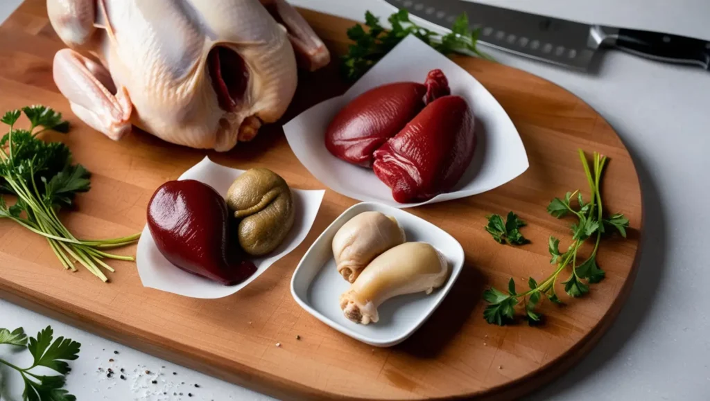 Raw chicken giblets, including heart, liver, gizzard, and neck, displayed on a wooden butcher’s board. The giblets are neatly arranged to highlight their unique textures and colors, with a whole raw chicken placed beside them to indicate their origin. A chef’s knife and fresh herbs (parsley, thyme) add a rustic, professional touch."