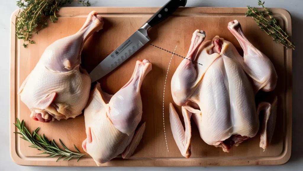 Raw chicken leg quarters displayed on a wooden butcher’s board, showing the attached thigh and drumstick. A sharp chef’s knife is positioned near the separation point, with a partially butchered whole chicken in the background. Fresh herbs and seasoning add a rustic touch.