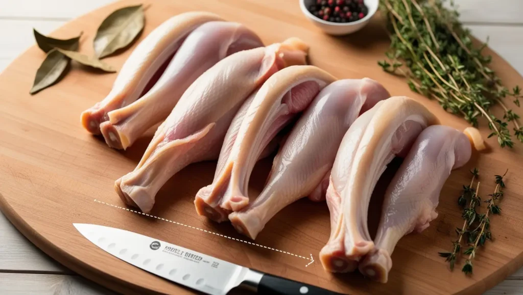 Raw chicken necks neatly arranged on a wooden butcher’s board, highlighting their natural curve, bone structure, and collagen-rich texture. A whole raw chicken is positioned beside them with the neck area subtly indicated. A chef’s knife rests nearby, suggesting the natural cutting point. Fresh herbs (thyme, bay leaves) and a small bowl of peppercorns add a rustic, professional kitchen aesthetic."