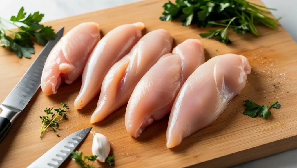 Raw chicken tenderloins displayed on a wooden butcher’s board, highlighting their smooth, thin, and delicate shape. A chef’s knife is placed nearby, with fresh herbs and seasoning subtly scattered. Soft natural lighting enhances the moisture and texture of the meat