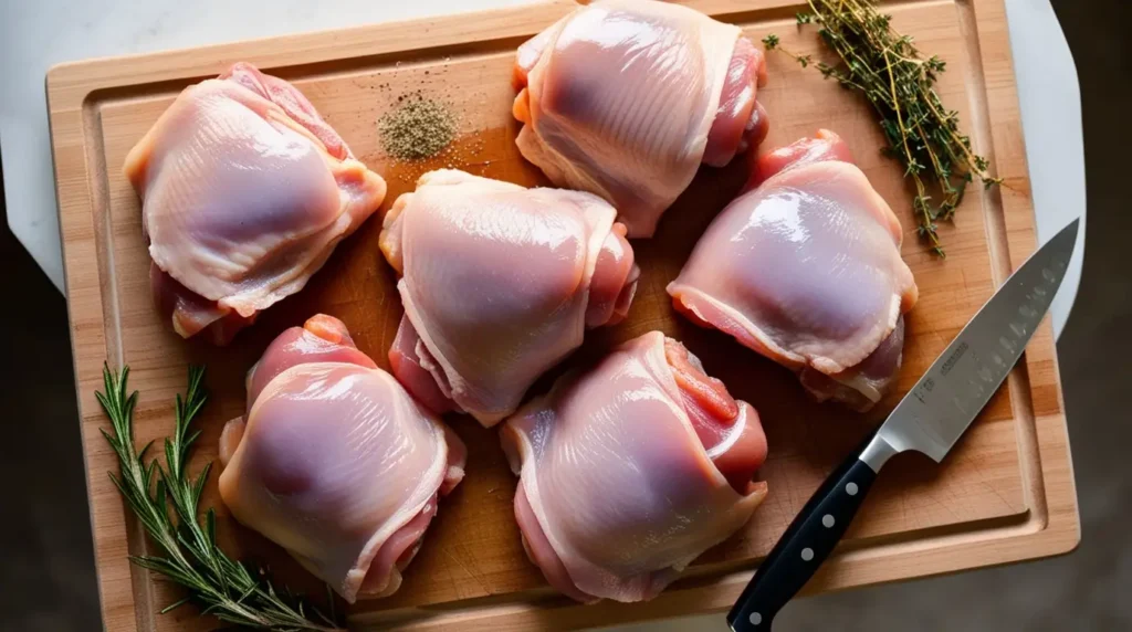 Fresh raw chicken thighs placed on a wooden butcher’s board, showcasing their plump texture and rich dark meat color. A chef’s knife is positioned beside them with fresh herbs and seasoning in the background. Soft natural lighting enhances the presentation."