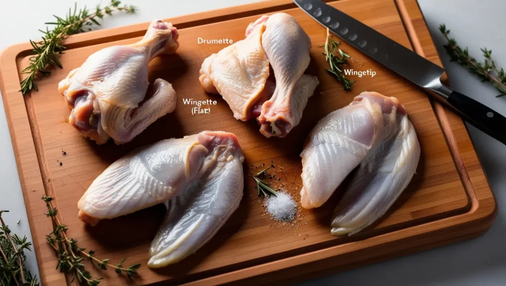 "Raw chicken wings neatly arranged on a wooden butcher’s board, displaying the drumette, wingette (flat), and wingtip. A chef’s knife is placed nearby to indicate natural cutting points, with fresh herbs and seasoning subtly scattered. Soft natural lighting highlights the textures and moisture of the meat."