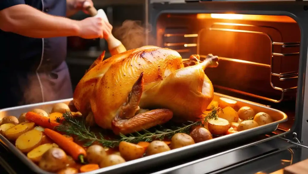 Whole chicken roasting inside an oven with potatoes and carrots, crisping to a golden-brown color. The dry heat enhances flavors through caramelization and the Maillard reaction, creating a rich, crispy outer layer.