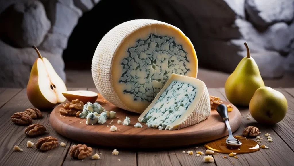 A wheel of Roquefort cheese with a wedge cut out, showing its crumbly texture and blue-green veins, served with pears and walnuts.