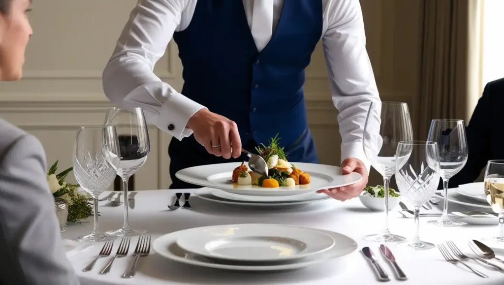 A skilled waiter in formal attire serving food from a large platter directly onto a guest’s plate in a fine dining setting.