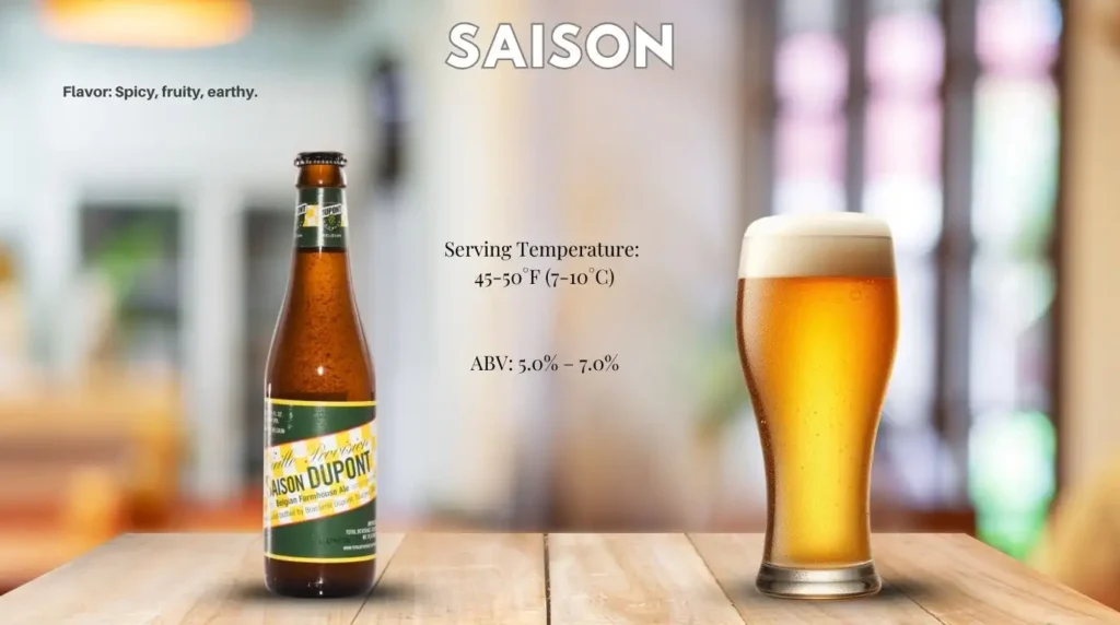 Saison beer in a glass and bottle – a Belgian-style farmhouse ale with a dry, spicy character.