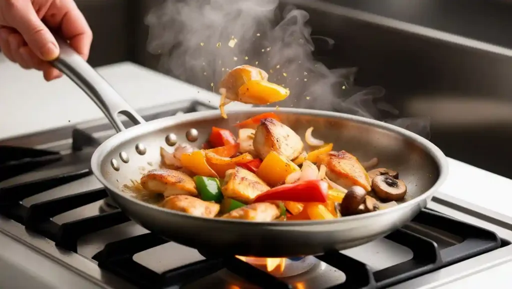 A pan on a stovetop with chicken and vegetables being sautéed in oil, tossed mid-air with steam rising, showcasing caramelization.