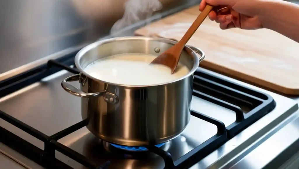 A pot of milk being gently heated on a stovetop with a thermometer measuring 150°F, used for dairy processing and baking preparation.