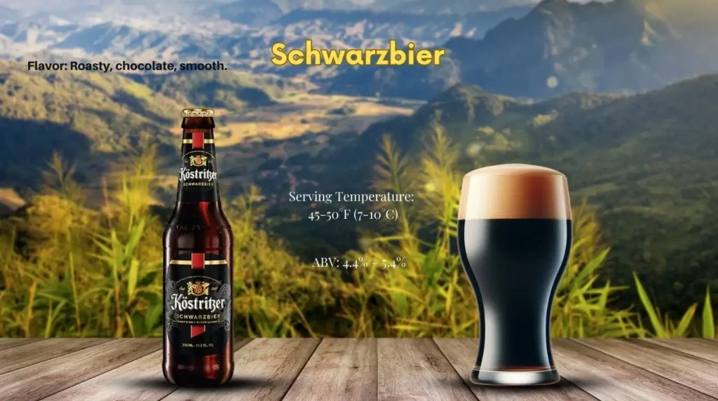 Schwarzbier, a dark German lager in a glass with a bottle – roasted malt flavors with a clean finish.