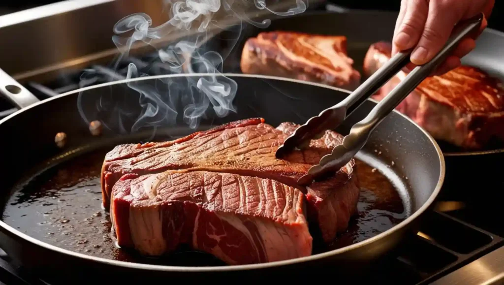 A steak being seared in a hot cast-iron pan, with a golden-brown crust forming as smoke rises in a professional kitchen.