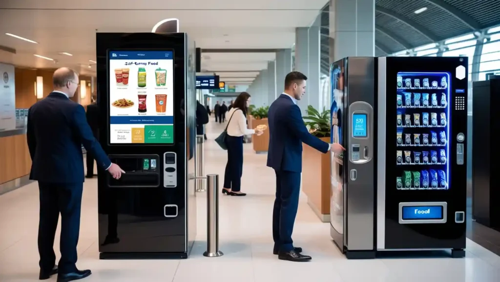 A self-service food kiosk and vending machine in a public space, offering quick grab-and-go meal options.
