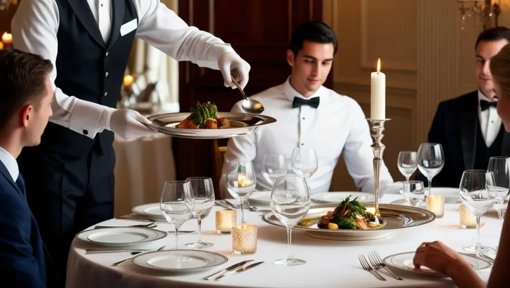 A professional waiter in formal attire serving food from a silver platter using spoons and forks in an elegant fine dining setting.