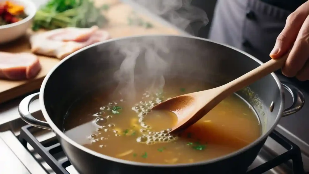 A pot of broth or sauce simmering on a stovetop with steady bubbles, steam rising, and a chef stirring with a wooden spoon.