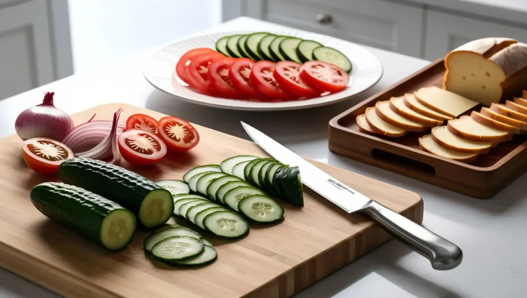 A fresh cucumber sliced into thin, even round pieces on a wooden cutting board. A sharp chef’s knife with slight moisture on the blade rests nearby, while a partially sliced cucumber and a few whole cucumbers are in the background.