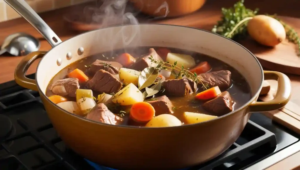 A rustic pot of beef stew simmering with carrots, potatoes, and herbs, highlighting the slow-cooking stewing method.