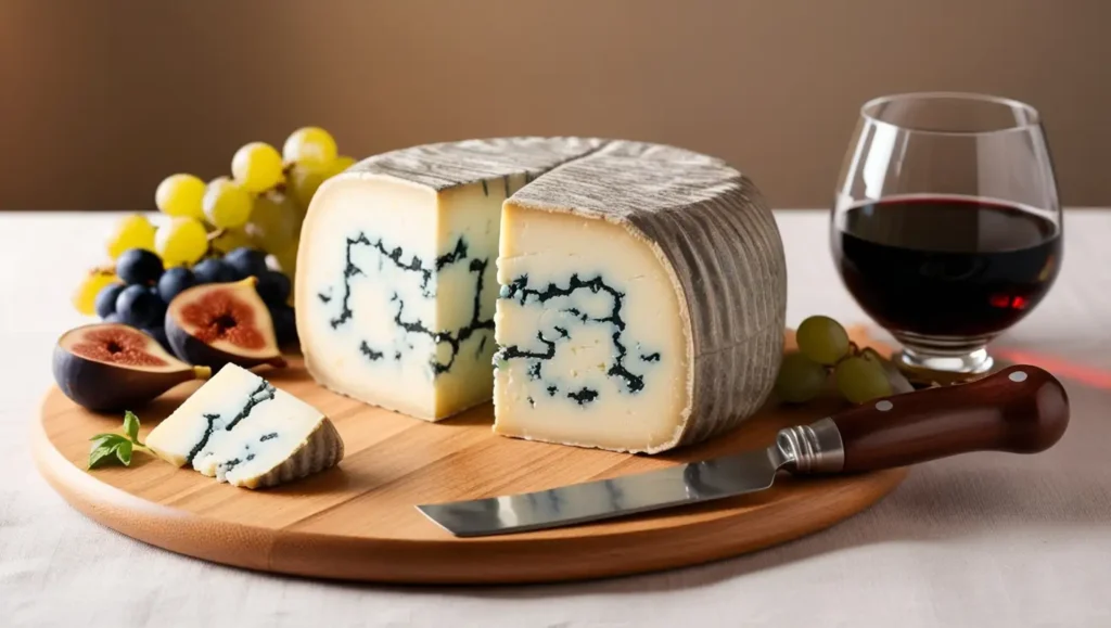 A wheel of Stilton cheese with a wedge cut out, showcasing its crumbly texture and blue veins, served with figs and a glass of port wine.