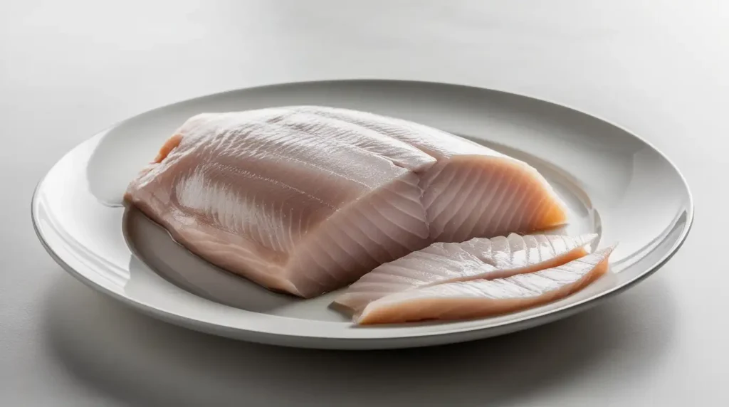 Supreme fish fillet cut, boneless and diagonally sliced, presented on a plate for high-end dishes.