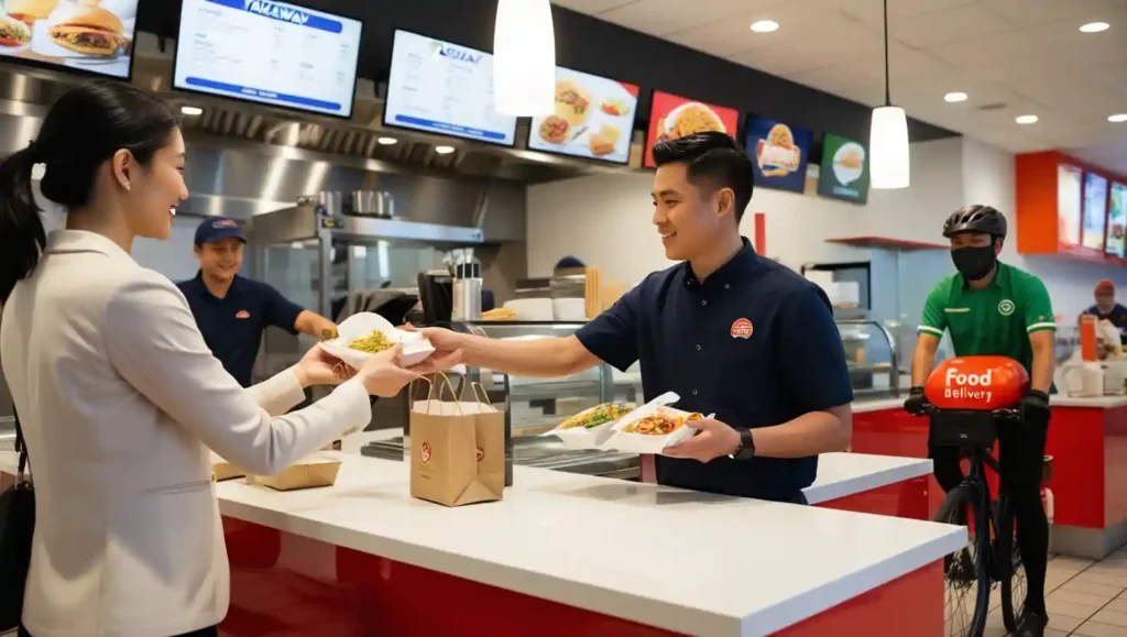 A customer receiving a takeaway food order at a fast-food counter, while a delivery rider picks up an order.