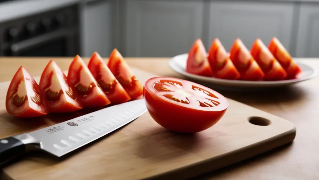 A freshly cut tomato sliced into thick, uniform wedges with a triangular shape. The wedges display a juicy interior with seeds and pulp, while the vibrant red skin remains on the outer edges. A chef’s knife rests beside the cut tomato wedges on a wooden cutting board, and in the background, a white ceramic plate holds a neatly arranged portion, emphasizing their symmetrical, angled cut.