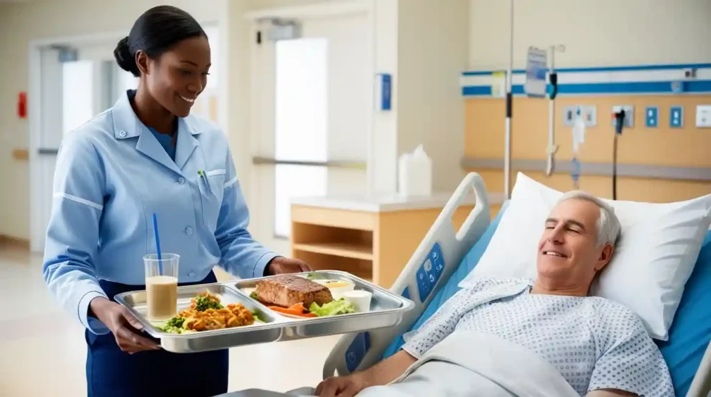 A hospital staff member delivering a meal tray to a patient in a hospital bed, showcasing efficient and organized tray service in a healthcare setting."