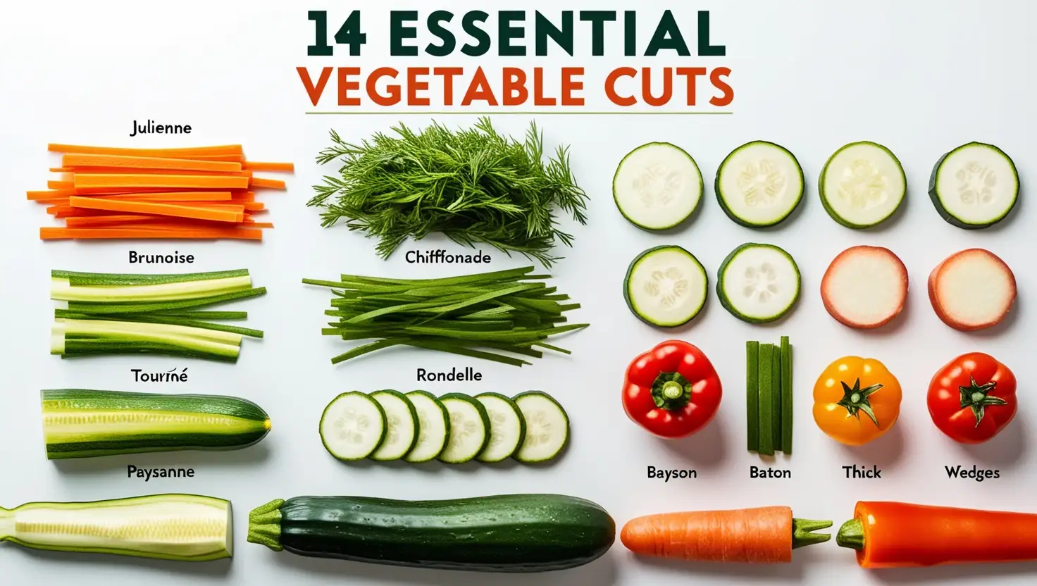 Feature image for '14 Essential Vegetable Cuts' showing a mix of julienne, brunoise, chiffonade, and tourne cuts with fresh vegetables