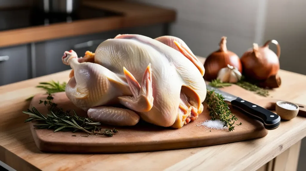 Whole raw chicken on a rustic wooden cutting board, surrounded by fresh rosemary, thyme, salt, and a chef’s knife in a professional kitchen. High-quality food photography with soft natural lighting."