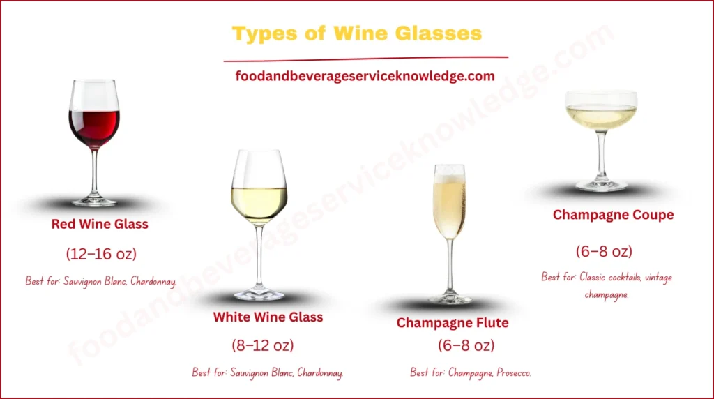 "Infographic showing different types of wine glasses: Red Wine Glass, White Wine Glass, Champagne Flute, and Champagne Coupe, with sizes and best uses.