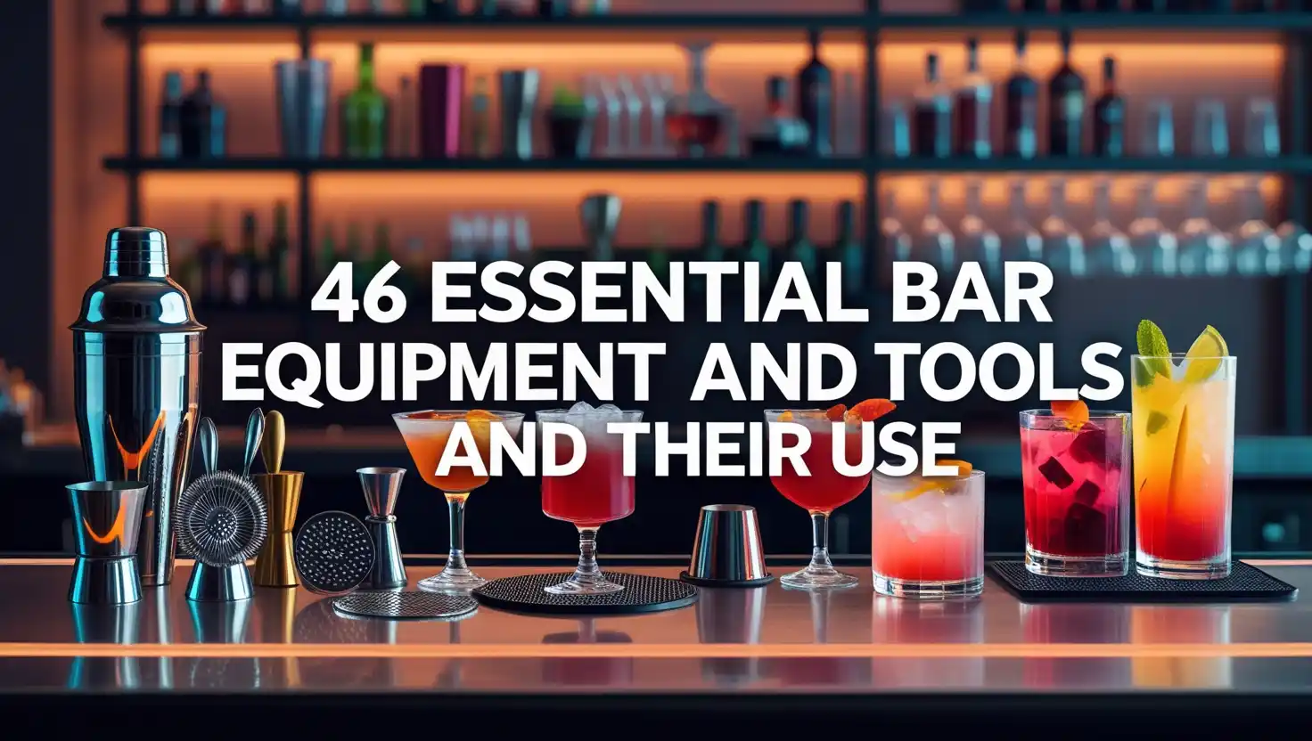 A realistic image of a professional bar setup featuring 46 essential bar equipment and tools, including a cocktail shaker, jigger, muddler, bar spoon, ice bucket, bottle opener, and cocktail glasses. The image includes a warm, inviting bar ambiance with the title '46 Essential Bar Equipment and Tools List and Their Use' overlayed on it."