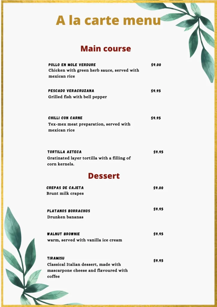 sample of a lacarte menu main course and dessert