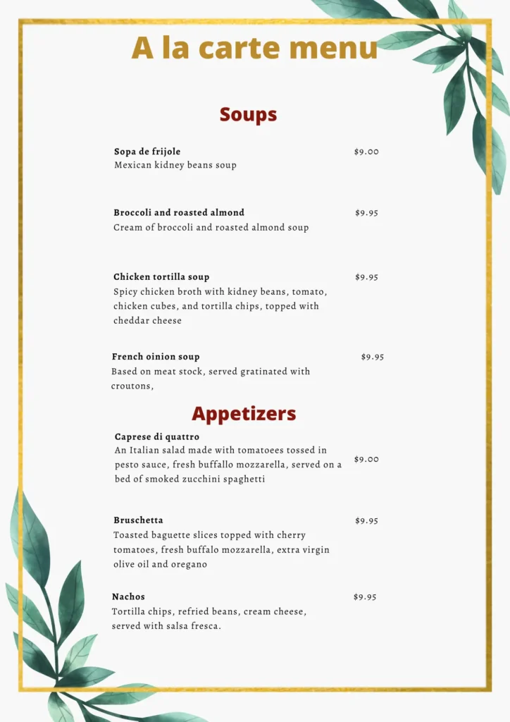 sample of ala carte menu soup and starter