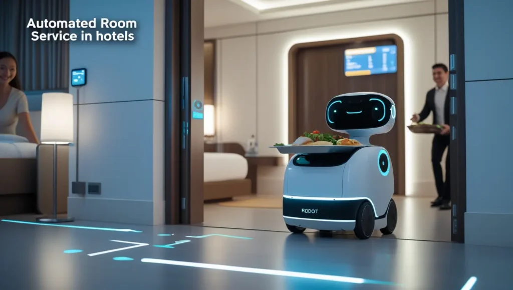 Robot delivering food outside a hotel room as part of automated contactless room service, showcasing modern hospitality technology