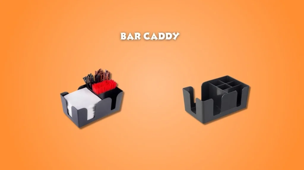bar caddy organizer used for storing napkins, straws, and stirrers.
