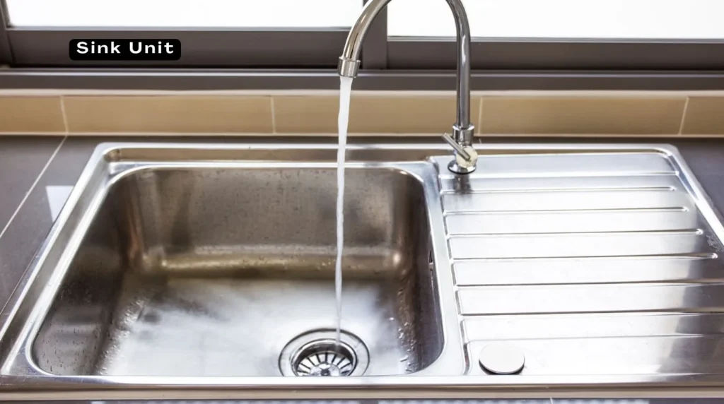 A stainless steel bar sink unit for cleaning glasses and tools.