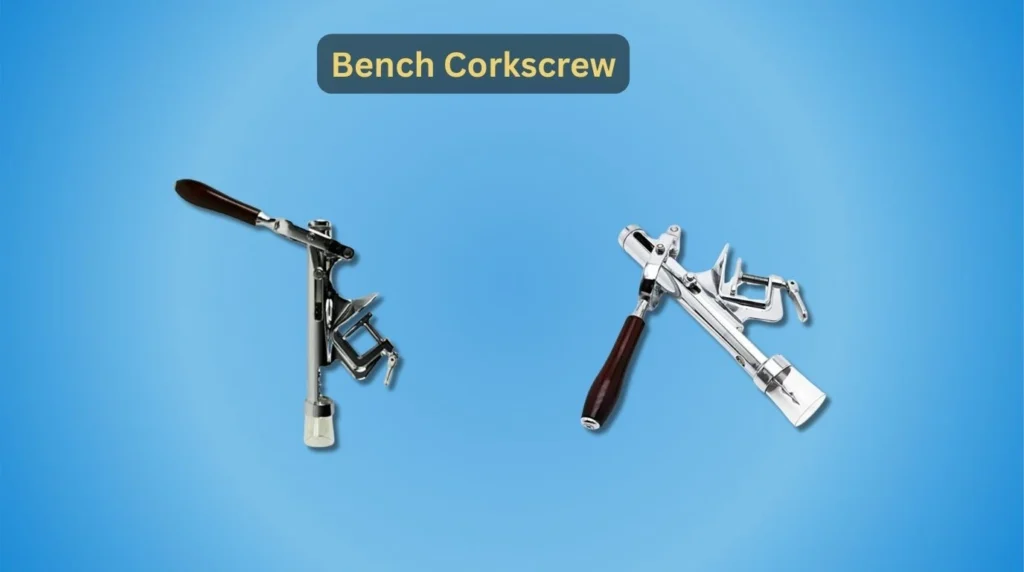 A bench-mounted corkscrew for opening wine bottles with ease