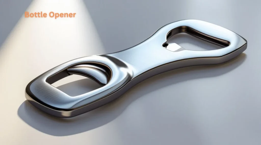 A durable metal bottle opener for removing caps from beer and soda bottles