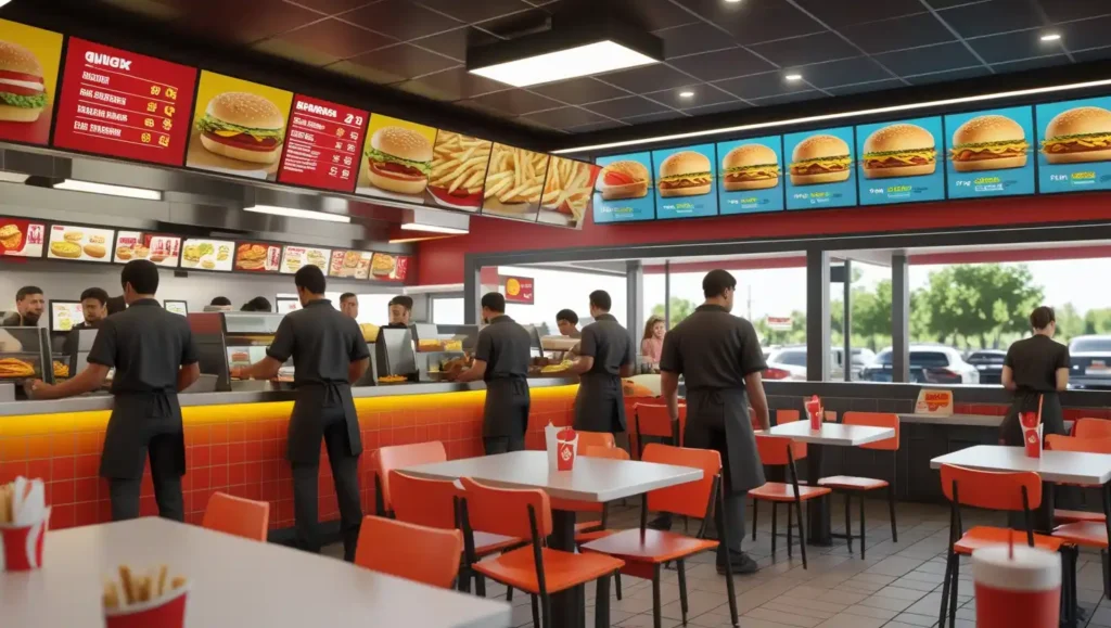 Bustling fast food restaurant interior with modern counter service, vibrant menu signage, self-service kiosks, drive-thru lanes, bright lighting, and a quick, efficient atmosphere.