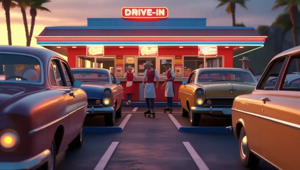 Classic drive-in restaurant at sunset with retro cars, neon signs, staff in vintage uniforms delivering burgers, fries, and soft drinks on window trays, creating a nostalgic lively atmosphere.