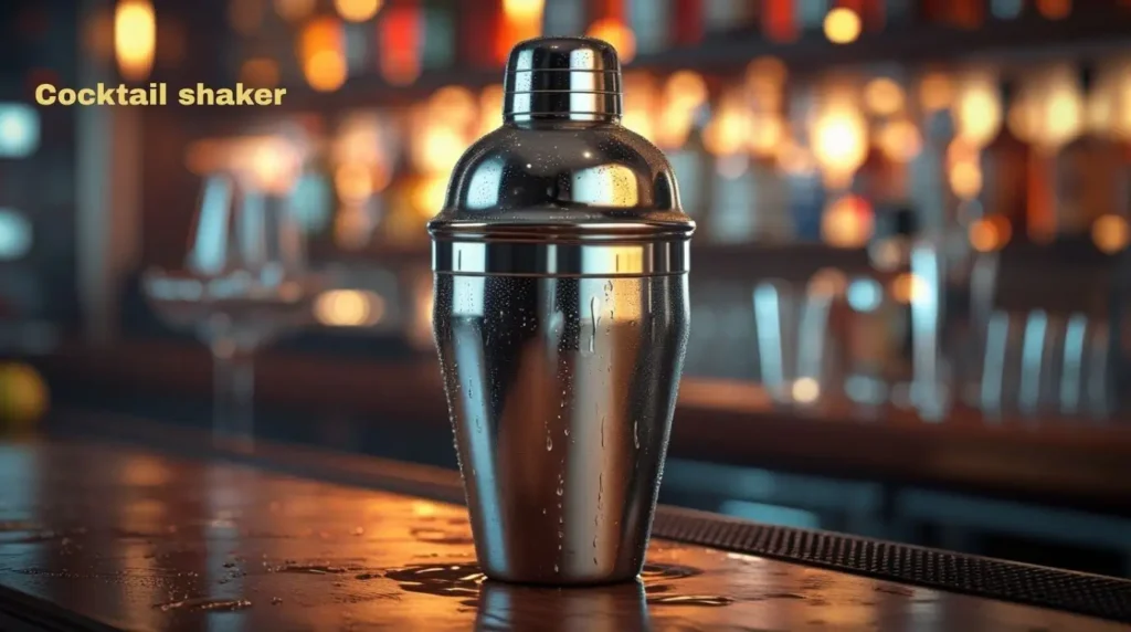 A stainless steel cocktail shaker used for mixing and shaking cocktails.