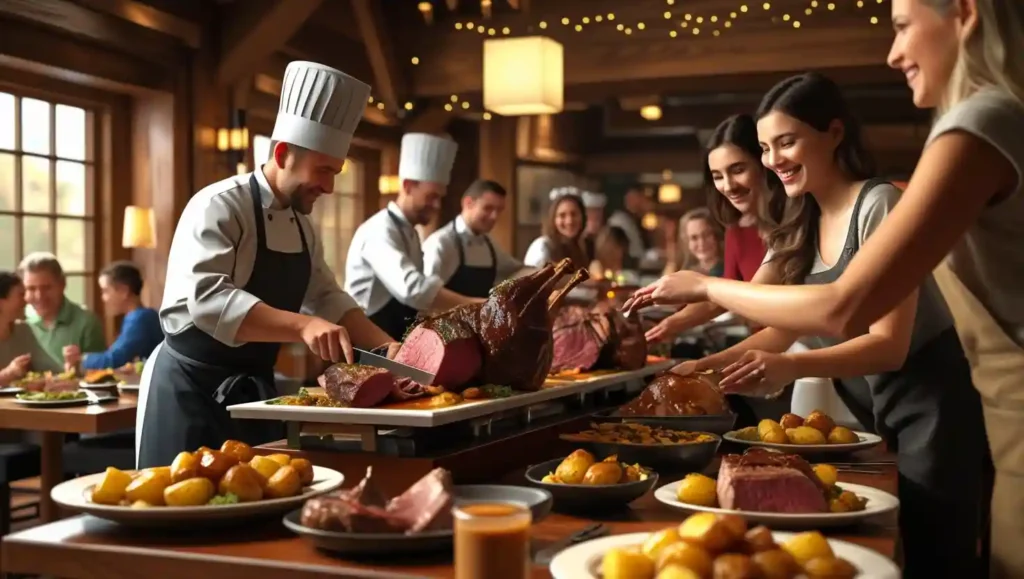 Cozy carvery restaurant with buffet-style roast meats, chefs carving beef, lamb, poultry, rustic wooden decor, warm lighting, and guests enjoying hearty meals.