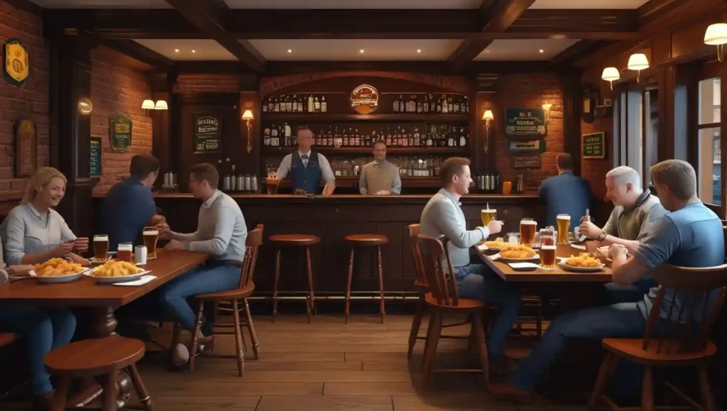 Cozy rustic pub interior with warm wooden furniture, exposed brick walls, classic bar counter, soft lighting, traditional decor, and guests enjoying hearty meals and drinks.