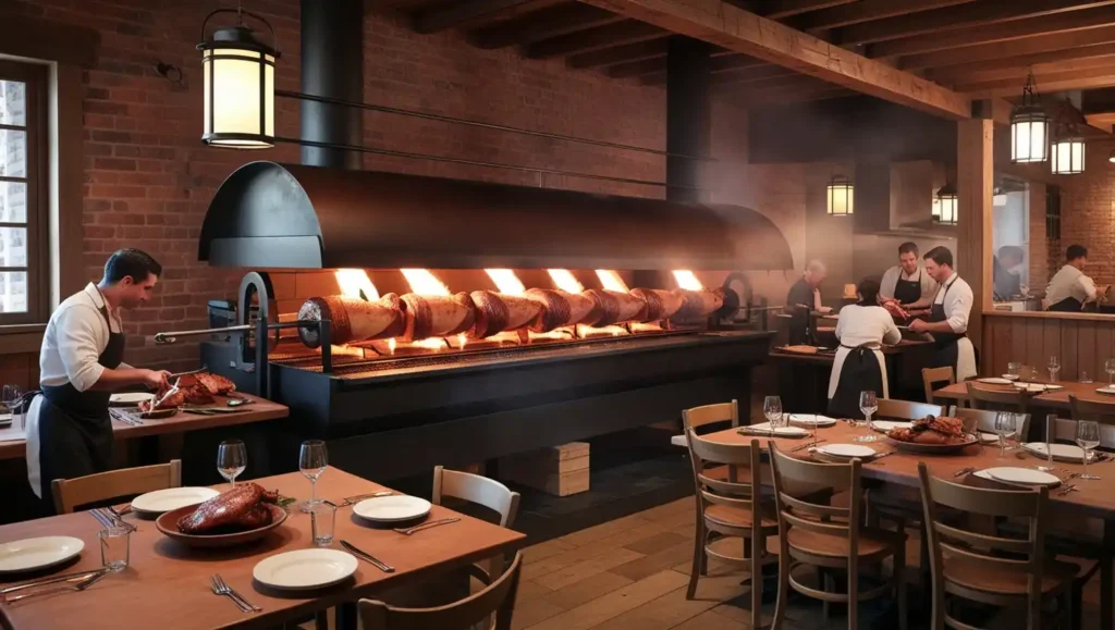 Cozy rustic rotisserie restaurant with open kitchen, visible roasting spits, wooden tables, exposed brick walls, warm lantern lighting, and a hearty, smoky atmosphere.