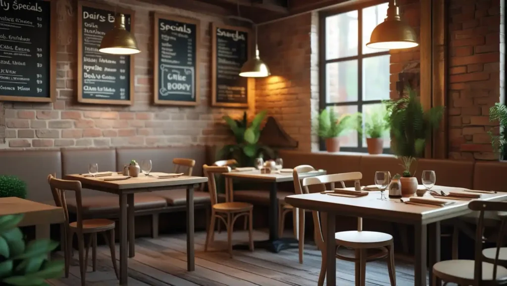 Cozy small bistro interior with rustic wooden tables, chalkboard menus, vintage lighting, exposed brick walls, and a relaxed, inviting atmosphere.