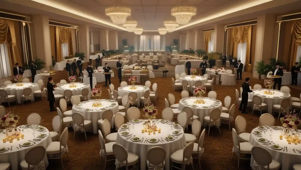 Elegant banquet hall with round tables covered in white linens, floral centerpieces, chandeliers, buffet and plated meal areas, and guests in formal attire enjoying a sophisticated event