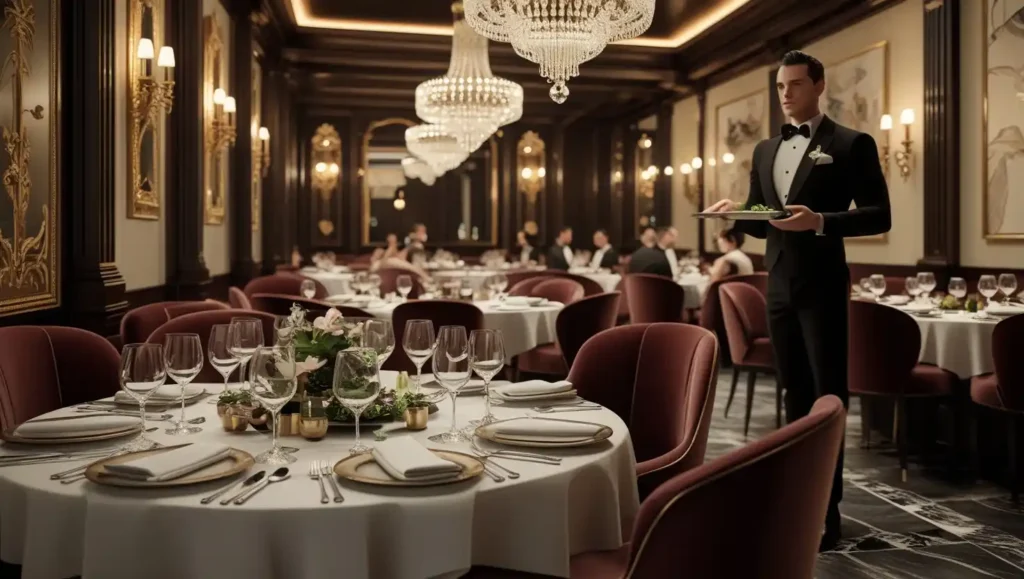 Elegant fine dining restaurant interior with polished wood tables, fine white linens, crystal glassware, silverware, chandeliers, velvet curtains, and upscale decor.