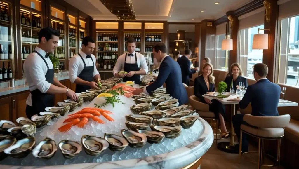 Elegant oyster bar interior with a marble counter, fresh oysters on ice, seafood platters, uniformed staff, fine wines in glass cabinets, and guests enjoying refined dining in a luxurious nautical-themed setting.