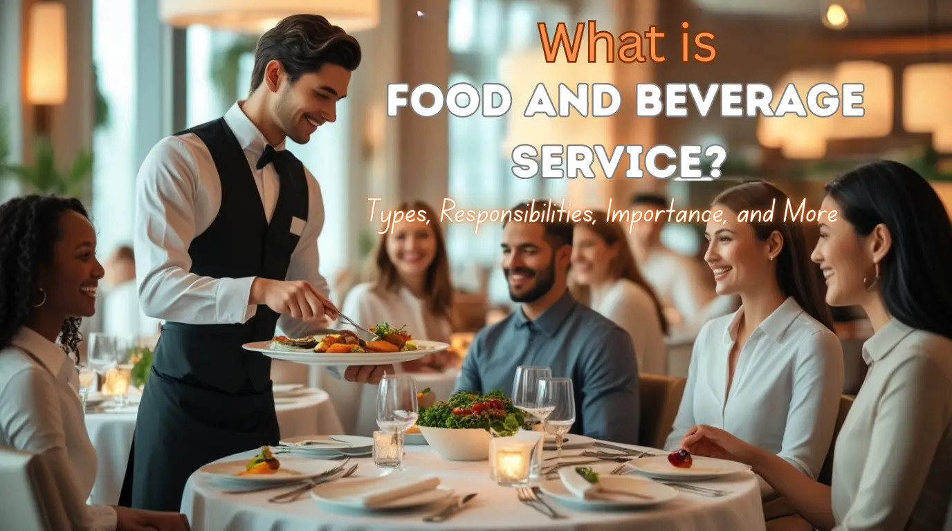 Waiter serving guests at a modern restaurant – visual representation of food and beverage service types and responsibilities.”