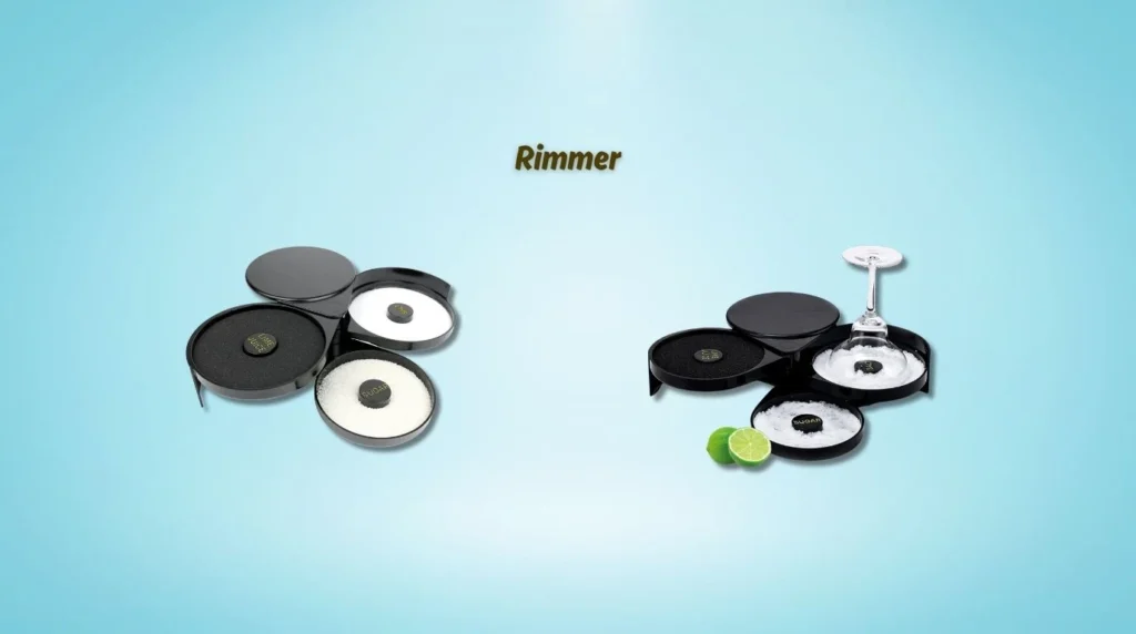 A multi-tiered rimmer for applying salt and sugar to glass rims