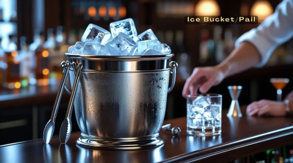 A metal ice bucket with tongs for serving ice